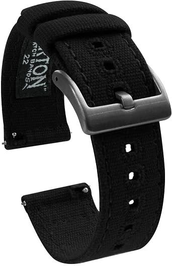 BARTON WATCH BANDS Quick Release Canvas Watch Band Straps, Black & Gunmetal Grey Buckle, 22mm