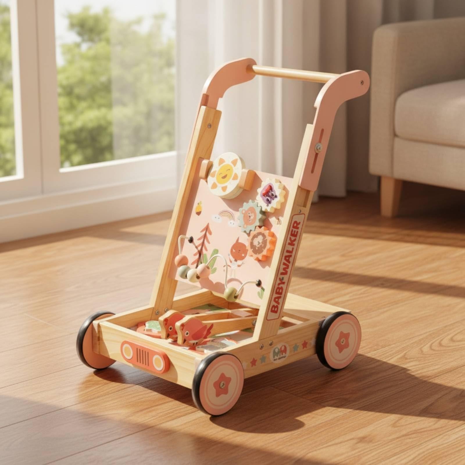 Amagogo Kinder Lernlaufwagen Holz Lauflernwagen Spielcenter Schiebewagen Aktivitätsboard mit Tiermotiven Zahnrädern Perlenbahn Robuster Rahmen Vier Räder