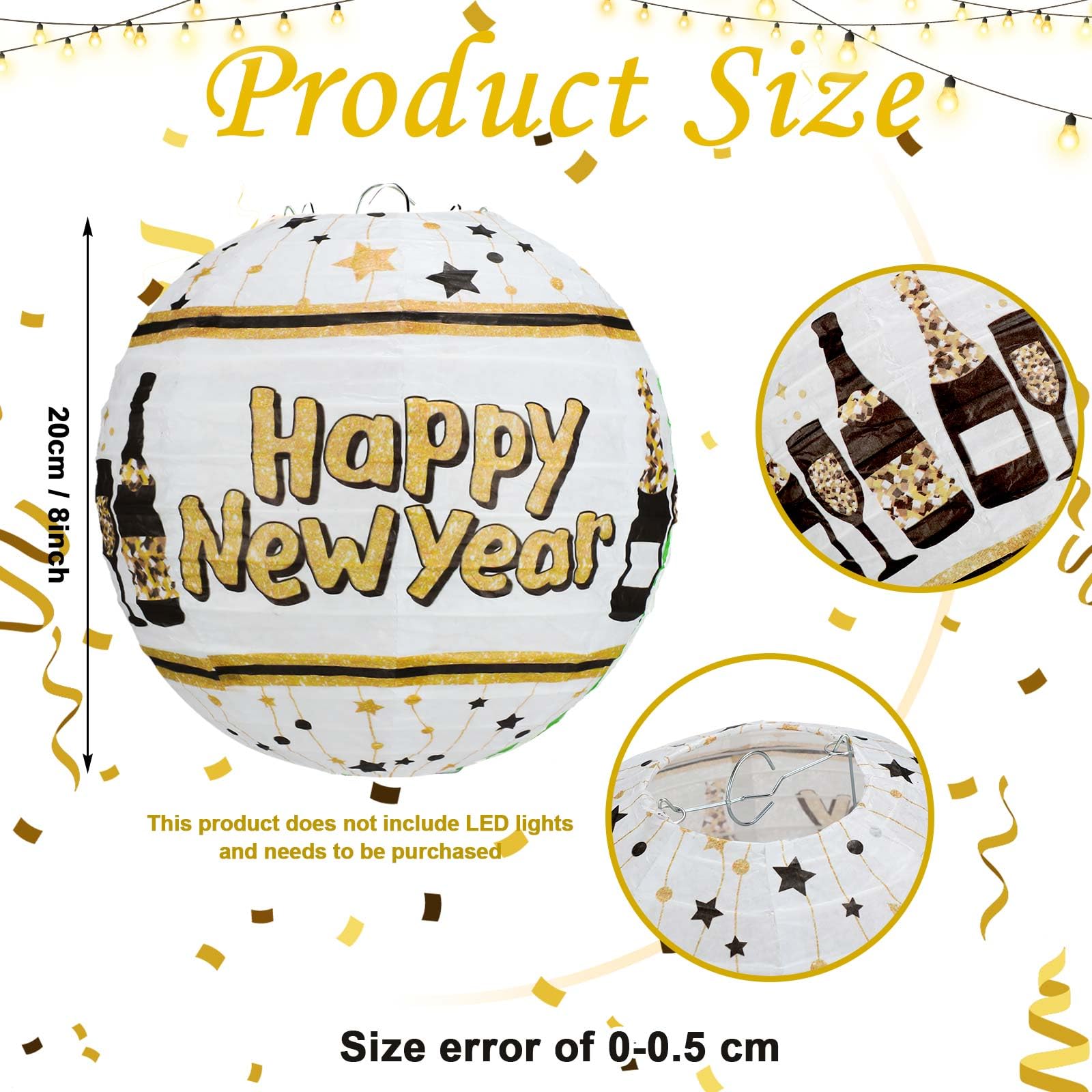 Panelee 12 Pcs 2025 New Year Paper Lanterns Party Decorations 8 Inch Happy New Year Hanging Round Lanterns Black and Gold Party Decorations for New Year Eve Party Indoor Outdoor Decorations Supplies