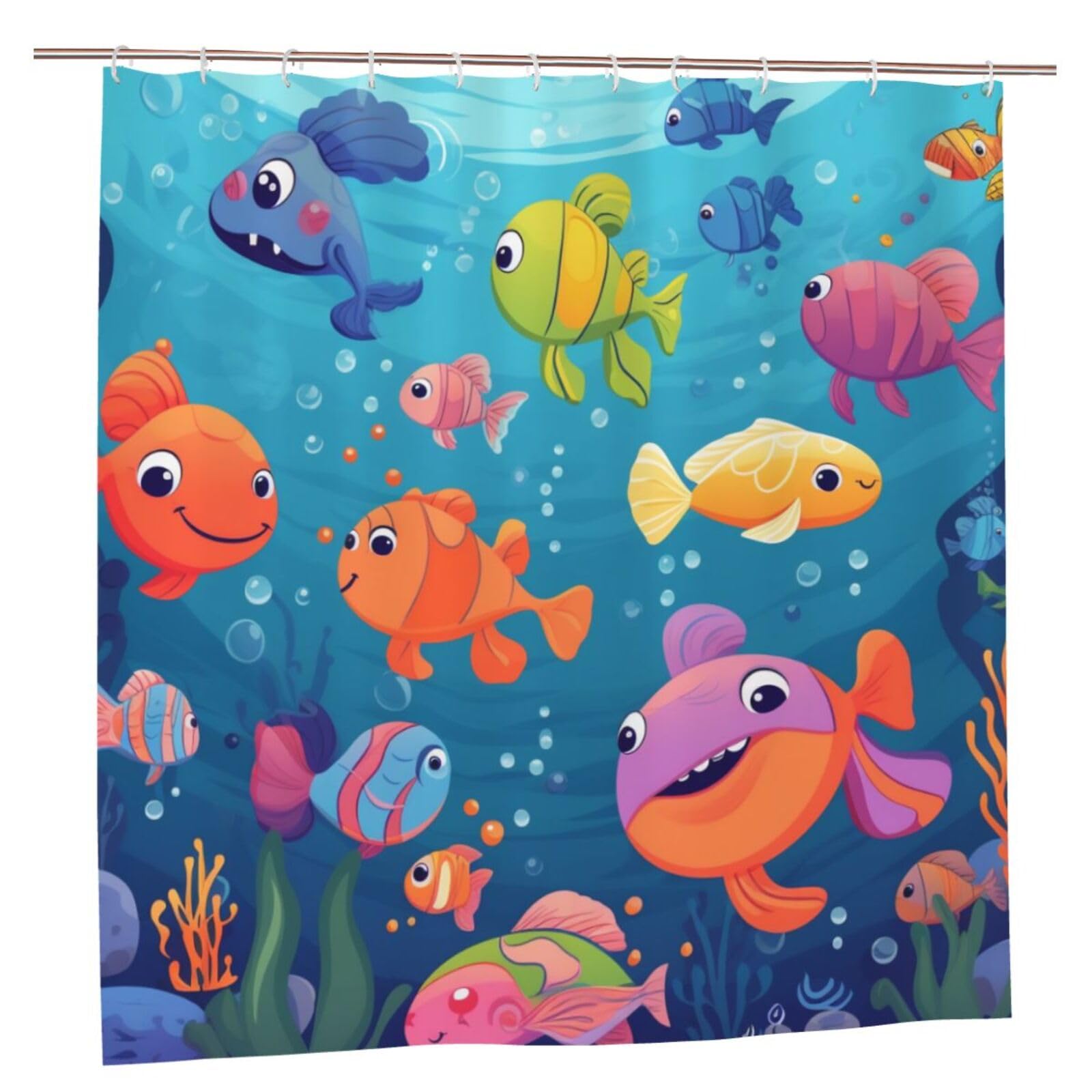 BWWHCCTI Cartoon Sea Fish Printed Shower Curtain With 12 Plastic Hooks Opaque Quick Drying Waterproof Shower Curtains Sets For Bathroom 183x183 CM