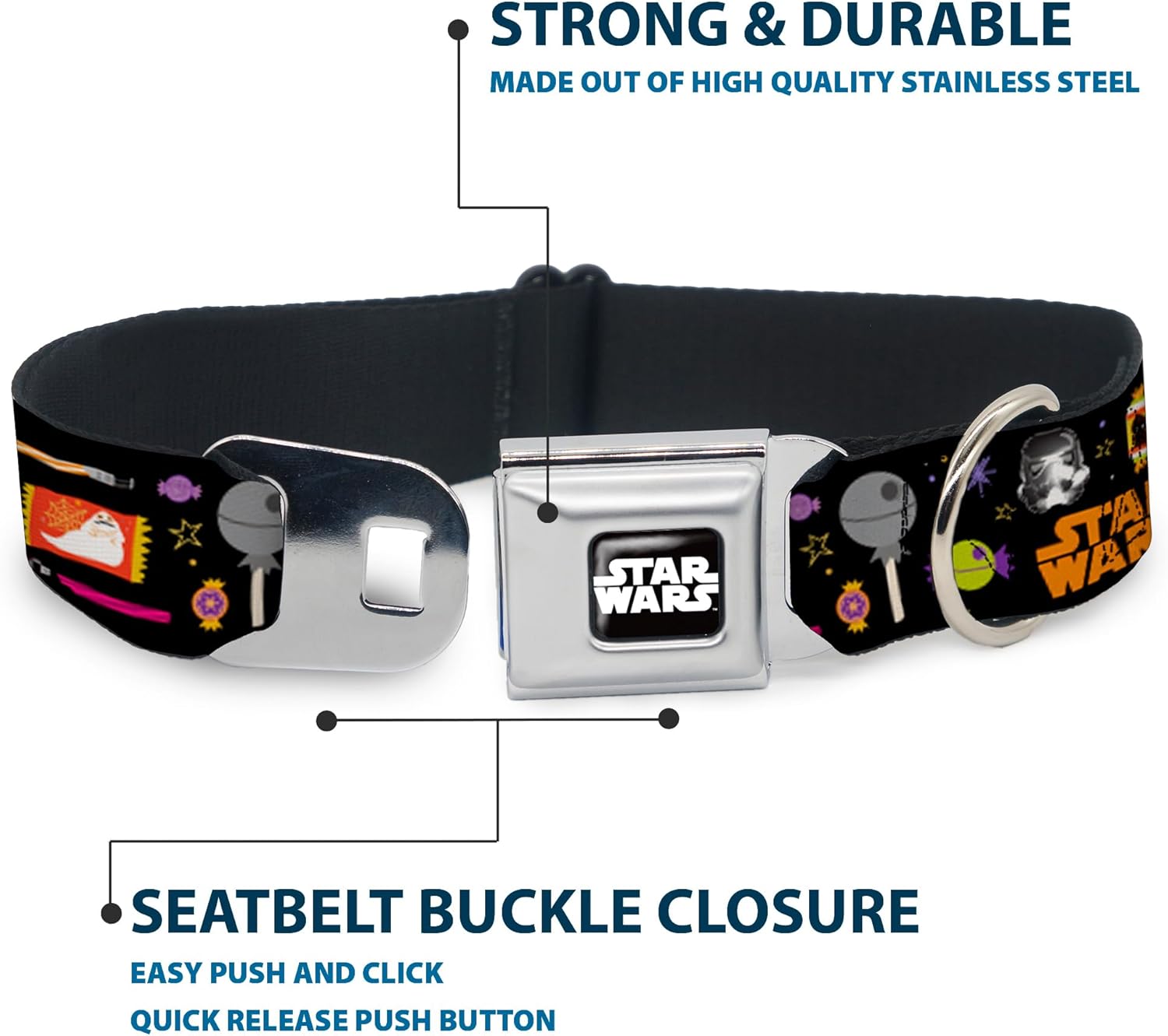 Dog Collar Seatbelt Buckle Star Wars Festive Candy Icons Collage Multi Color 9.5 to 13 Inches 1.0 Inch Wide