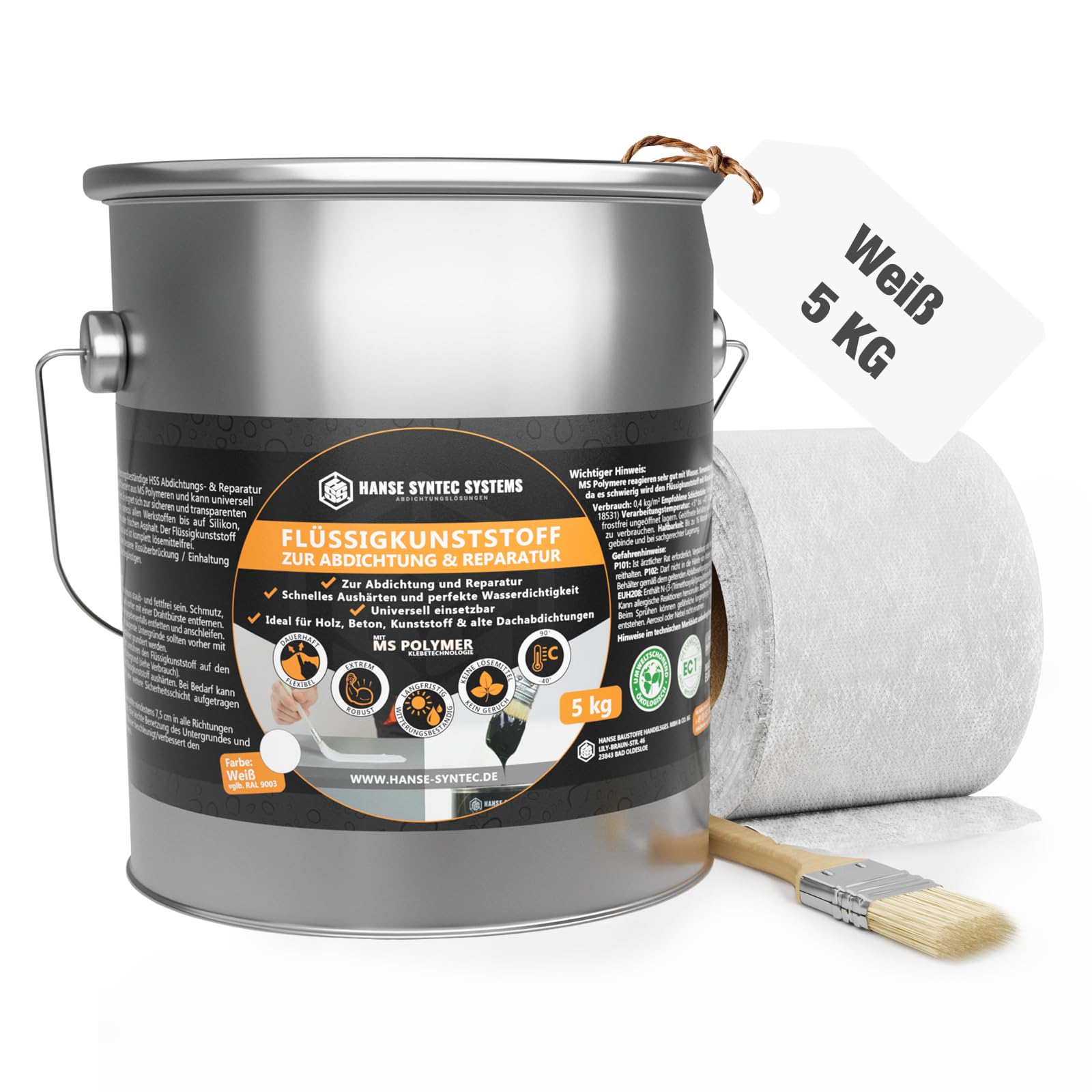 HSS Flüssigkunststoff Abdichtungsset inkl. Pinsel & Vlies – 5 kg, Weiß (MS-Polymer, lösemittel- & bitumenfrei)