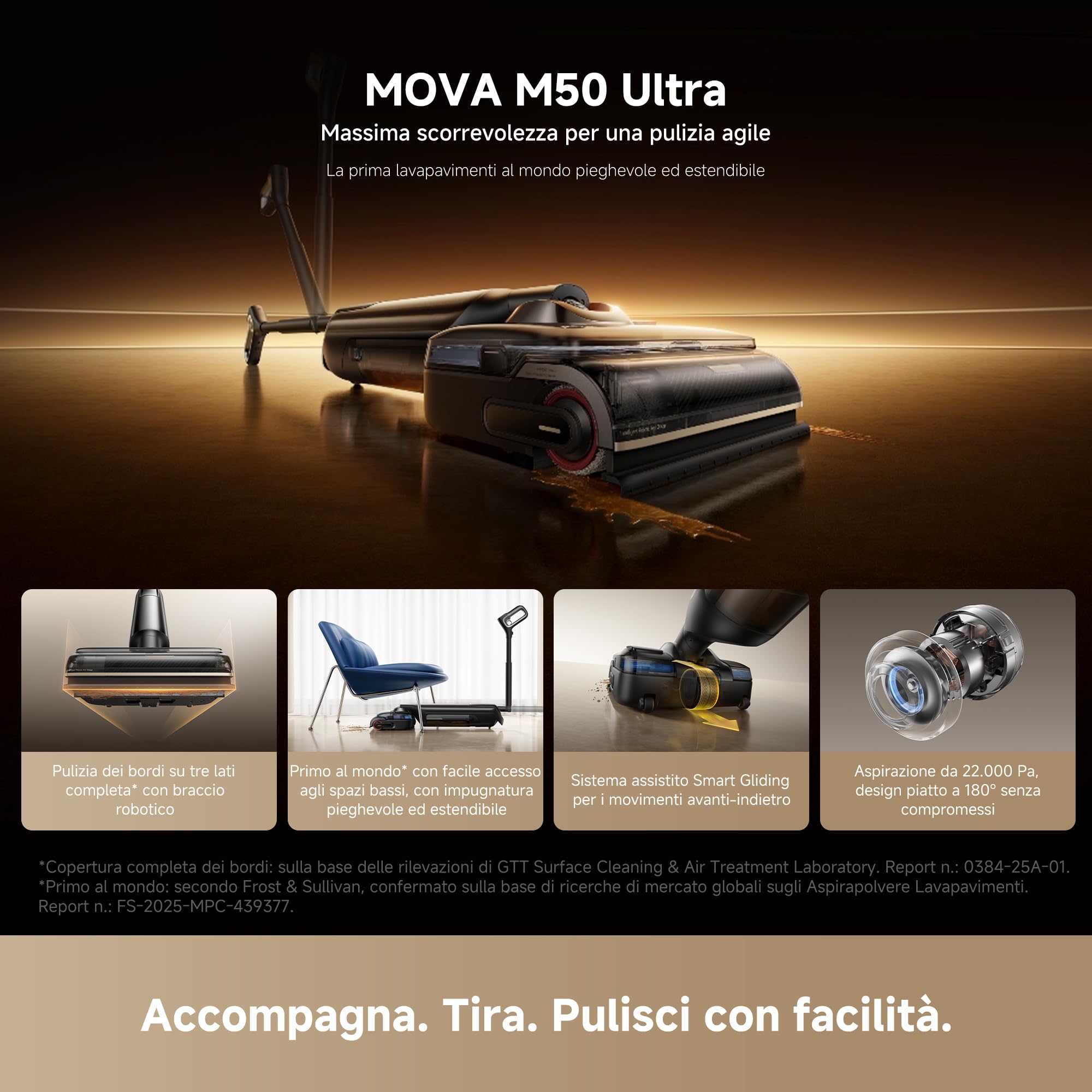 MOVA M50 Ultra Aspirapolvere Lavapavimenti Senza Fili, 22kPa, 0-Gap Braccio Robotico, Manico Pieghevole ed Estensibile, Scivolamento avanti-indietro, a immersione a 100 °C, Asciugatura in 5 min a 90°C