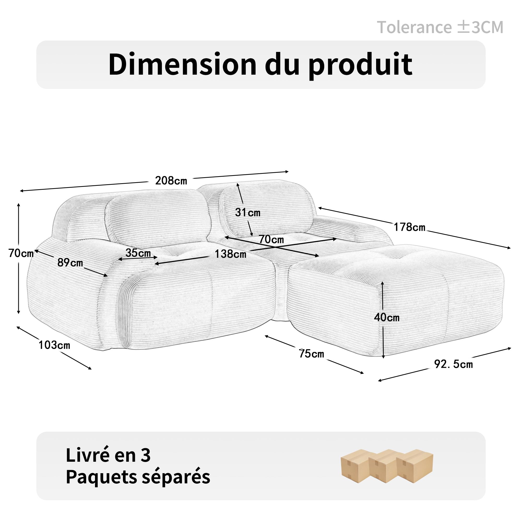 Canapé d'angle convertible moderne de 208 cm avec pouf, canapé modulaire en velours côtelé en forme de L, canapé compressé 2 à 4 places pour salon, assise extra profonde, aucun assemblage requis