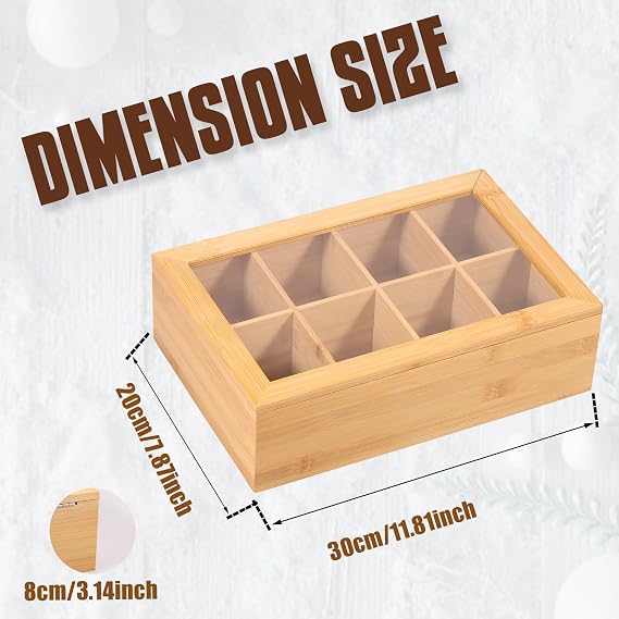 Bamboo Tea Bag Organizer, 8 Compartments Wood Drawer Storage Holder Tea Storage Chest with Clear Lid Multipurpose Chest Box for Coffee Station, Sugar, Sweeteners, Small Packets (8 Grids)