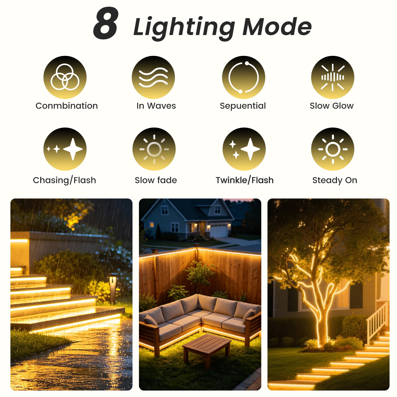 24V 7200mAH Tira LED Solar [10M, Blanco natural 4000-4500K], 240 LEDs/m Tira LED de jardín de silicona solar, flexible e impermeable IP68, 8 modos, iluminación decorativa para el hogar