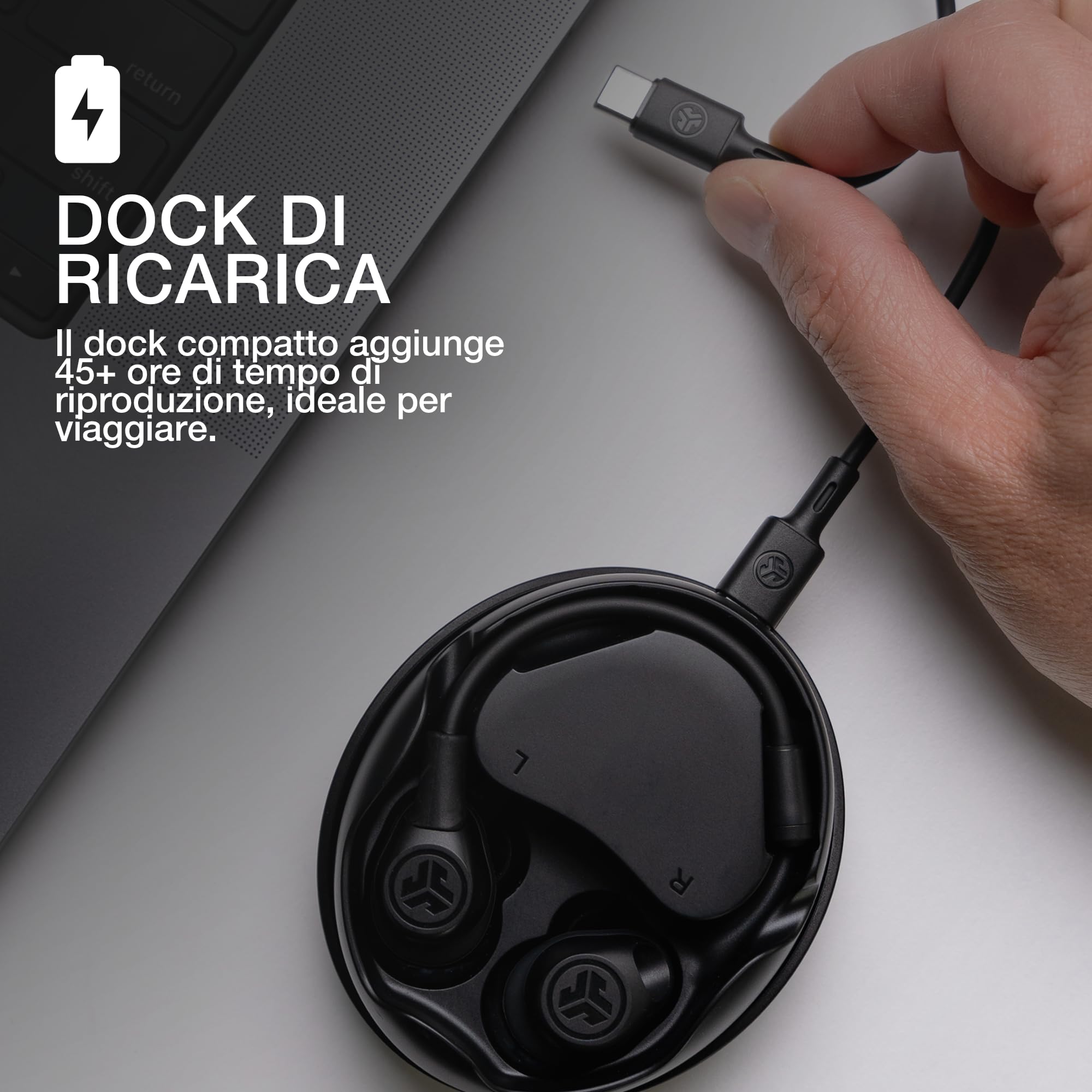 JLab Work Buds Cuffie Bluetooth, Auricolari Bluetooth, Cuffiette Piccole In Ear con Microfono, 55H+ Cuffie Senza Fili, Connessione simultanea a Computer e Telefono Cellulare
