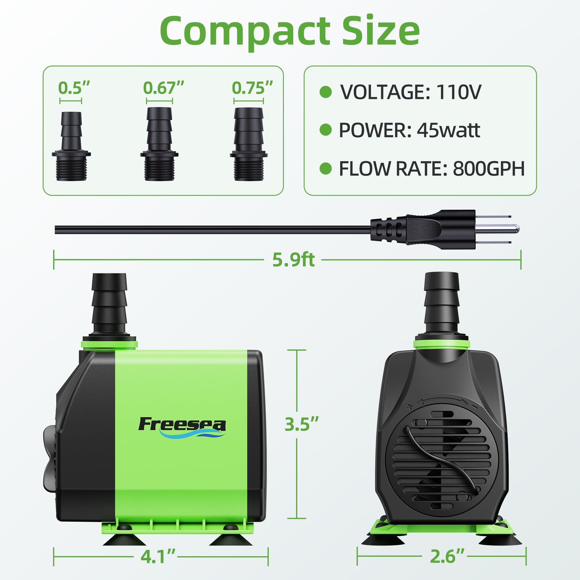 FREESEA Piccola pompa per laghetto da 800 GPH: circola uno stagno da 500-1200 galloni in 1-2 ore | Funzionamento affidabile 24/7 per acqua cristallina e Koi sano - Motore silenzioso da 45 W con flusso regolabile