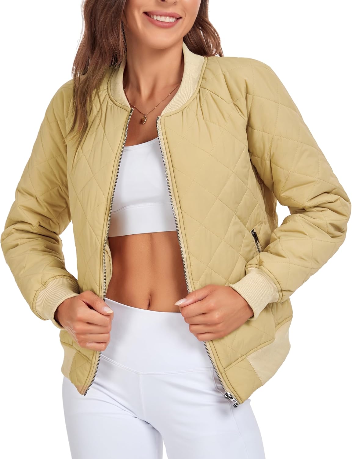 andy & natalie Women's Bomber Jacket Fashion Quilted Casual Lightweight Bomber Jakcets Zip up Outerwear Jacket with Pockets