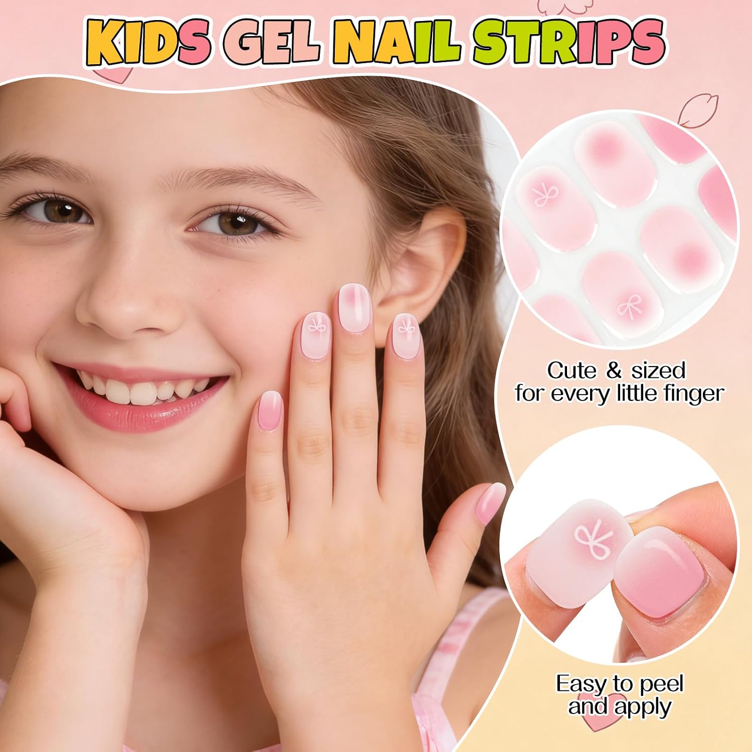EBANKU Kids Gel Nail Polish Strips Bow Cute Semi-Cured Nail Art Wraps