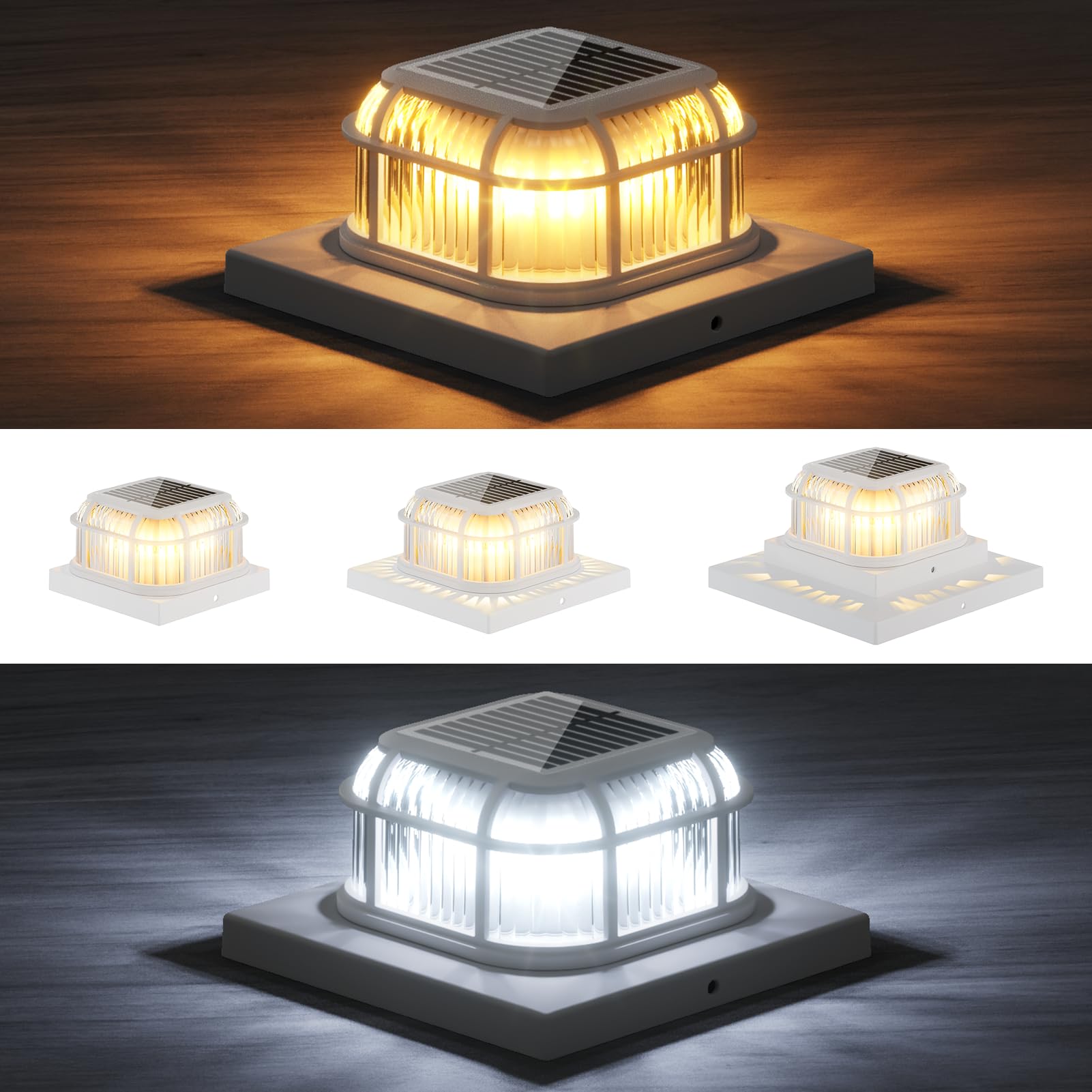 Solar Post Light 4 Packs with 4x4, 5x5 and 6x6 Inches Base for Vinyl/Wooden Posts, Bright 16 LEDs Solar Cap Lights with Two Light Modes for Decorating Deck, Patio, Porch, Fence (White)