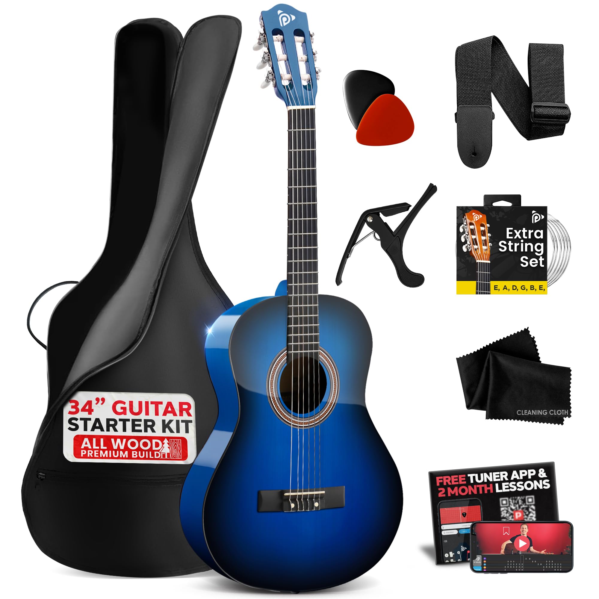 Pyle Beginner Acoustic Guitar, Junior Size 86 cm, All Wood Build Nylon String with Capo Strap, Extra String Set, and Gig Bag Acoustic For Kids Adults Youth Classical Kit Blue Burst Gloss