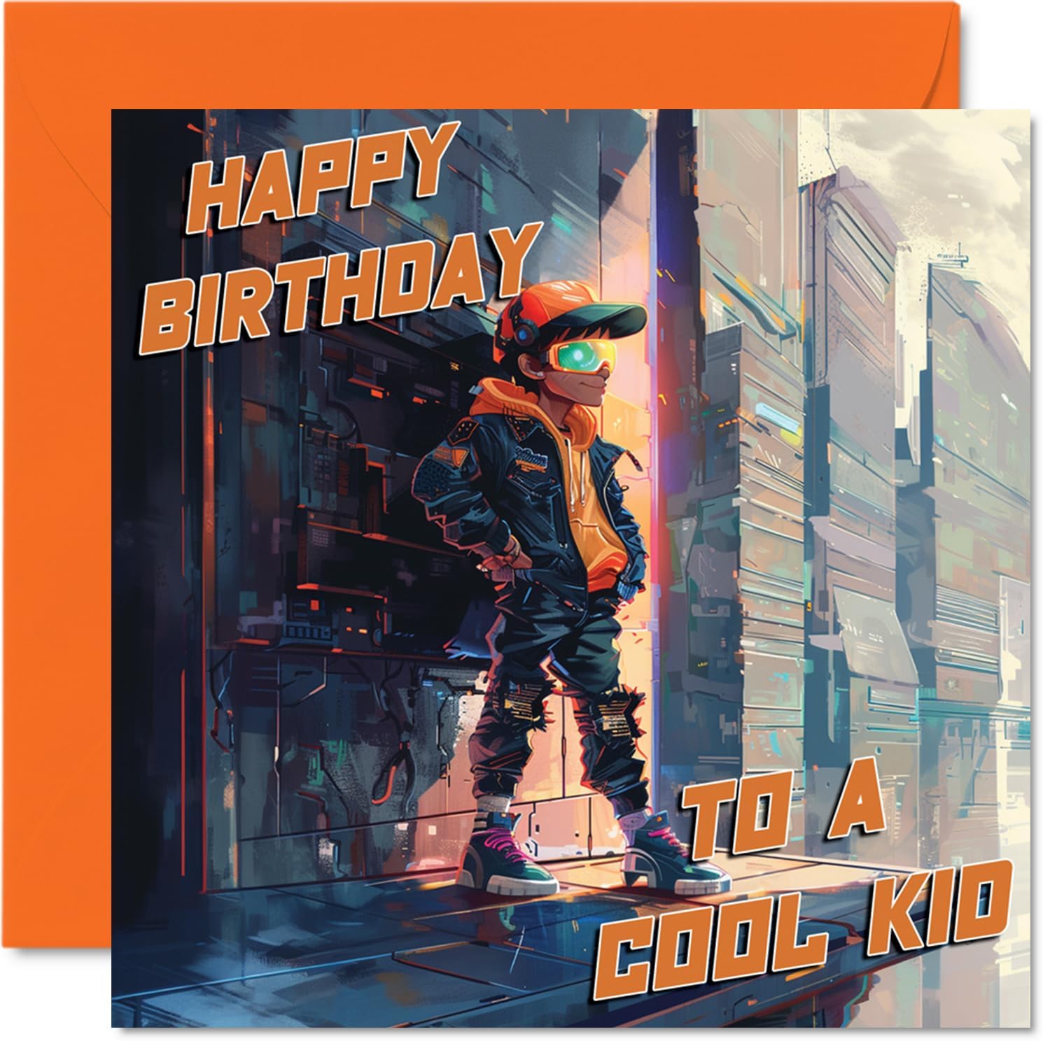 Stuff4 Kids Birthday Card for Girls Boys - Cool Cyberpunk Girl Dark Blue - Happy Birthday Card for Daughter Son Nephew Niece Grandchild Kid Children Him Her, 5.7 x 5.7 Inch Bday Greeting Cards