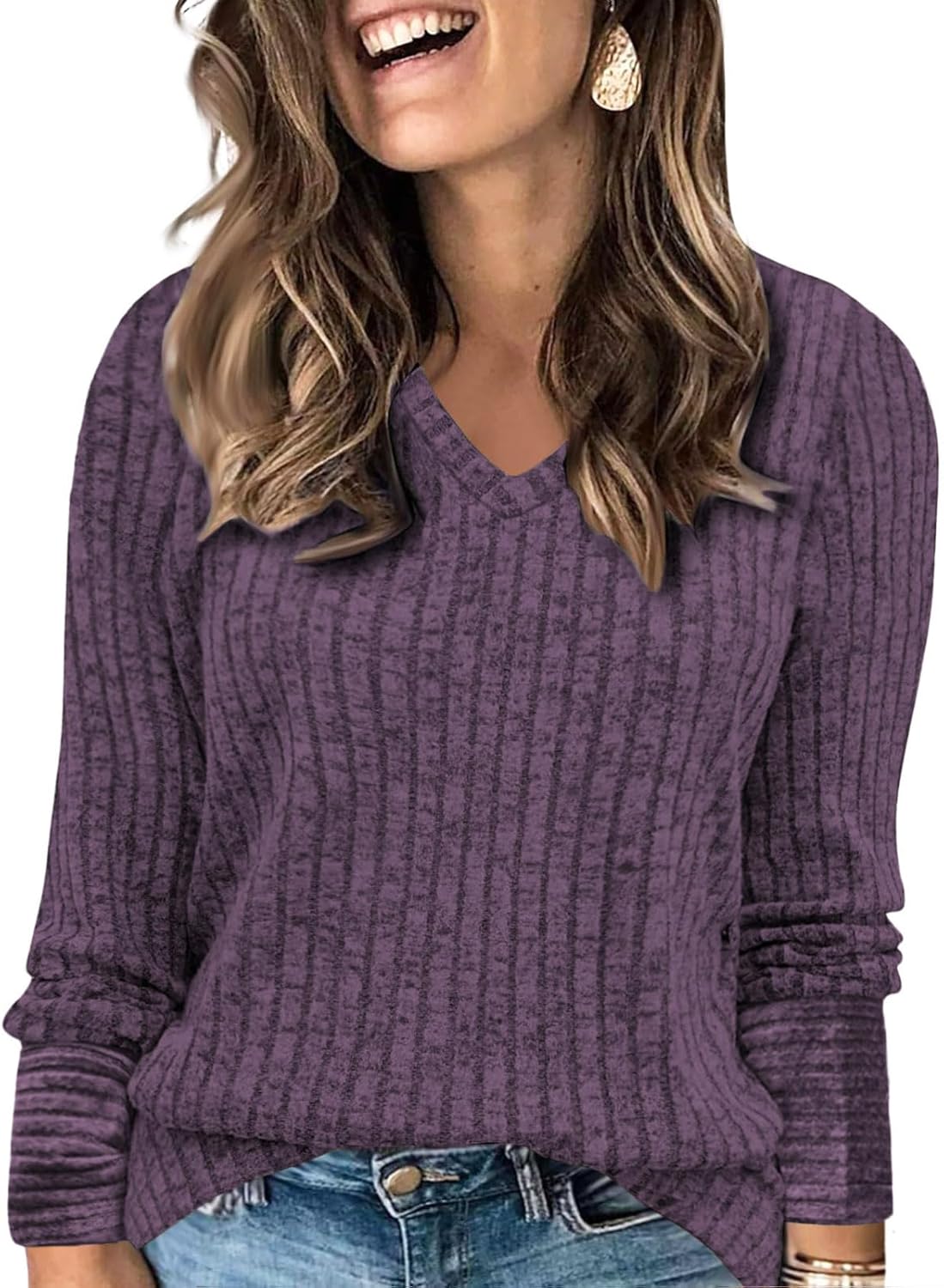 VISLILY Womens-Plus-Size-Dressy-Tops Casual V Neck Long Sleeve Shirts Lightweight Knit Sweaters Comfy Tunics Blouses XL-5XL