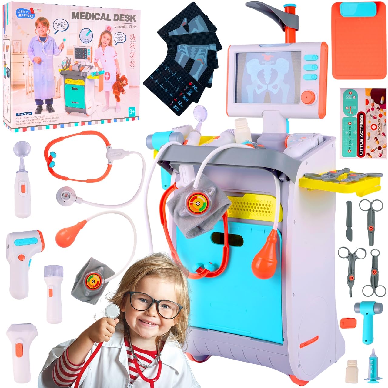Malplay Arztspielzeuge Set Little Doctor Arztwagen Röntgengerät Stellung des Arztes Rollenspiel Kleiner Arzt Set Kinder ab 3 Jahren