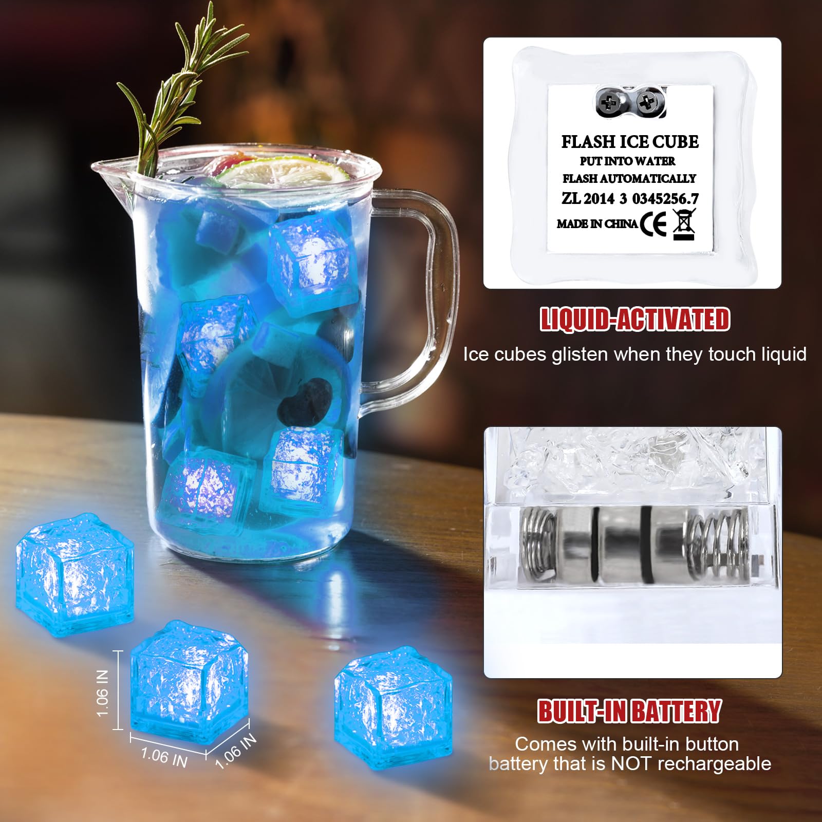 Leuchtende Eiswürfel, 300 Stück, blaue LED-Eiswürfel für Getränke, blinkendes Wasser, Bar, Club, Hochzeit, Party, Dekoration