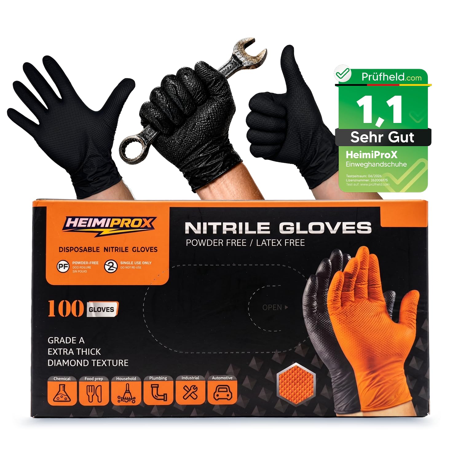 Nitrilhandschuhe extra dick mit Diamanttextur für starken Grip – Einweghandschuhe puderfrei, latexfreie Handschuhe silikonfrei – verstärkte Stulpe, Schwarz (L, 1000, stück, 10)