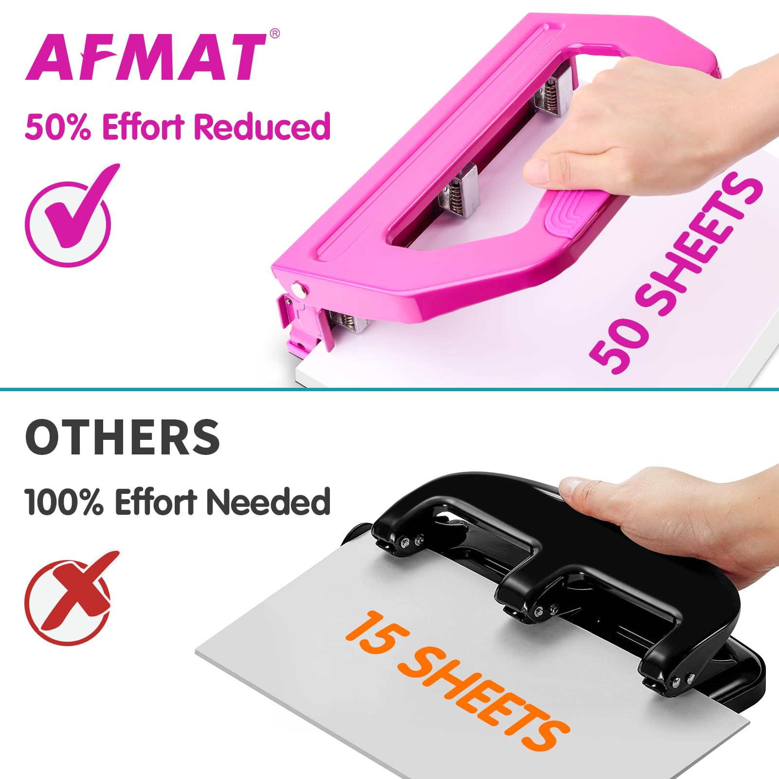 AFMAT Robuster 3-Lochstanzer, 50 Blatt, 2-Lochstanzer, 50% reduzierter Aufwand, 3-Lochstanzer, verstellbarer Dreilocher, 2-Loch-Papierstanzer, Metall-Papierstanzer mit großer Spanablage,