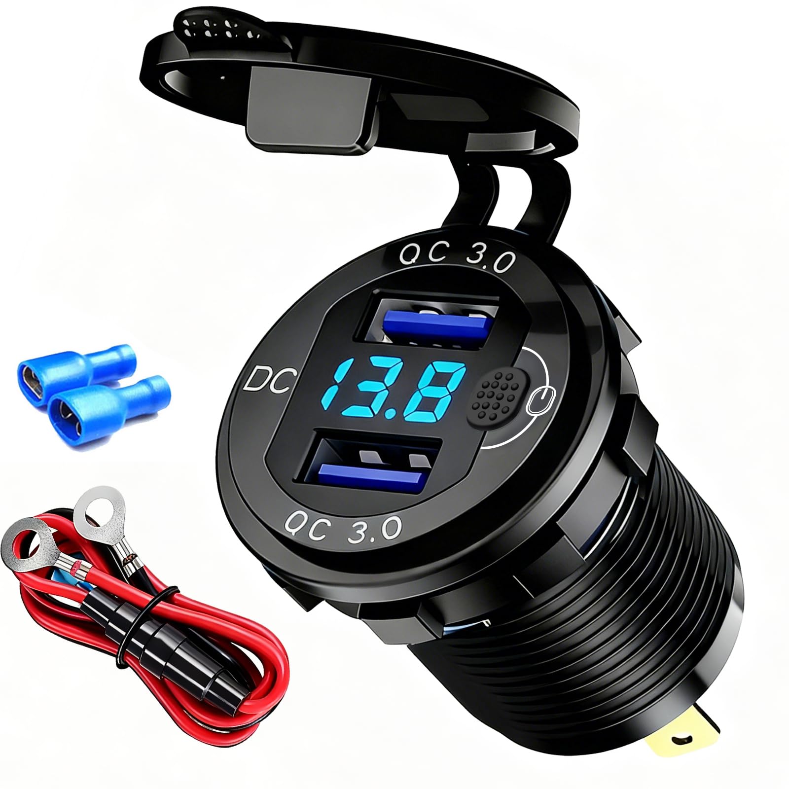Photo 1 of 12V Flush Mount Car Charger, Aluminum Metal Body with LED Voltmeter and Switch, Dual QC3.0 USB Port for Marine, RV, Motorcycle & Panel Mounting (Black)