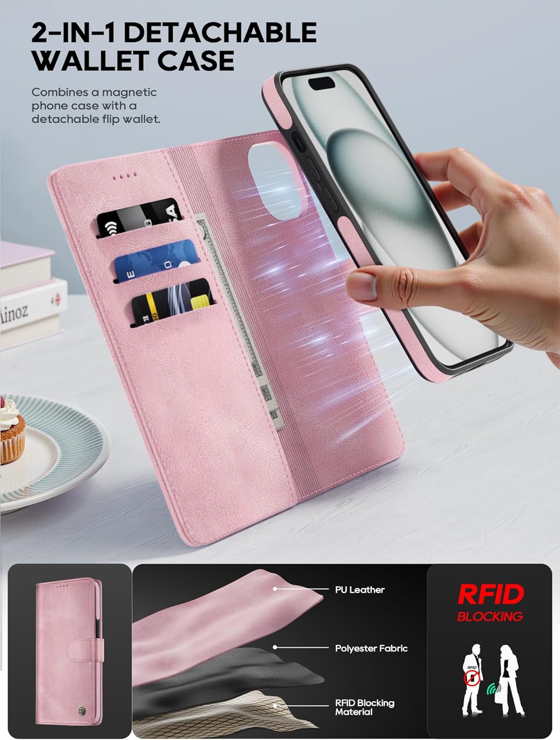 Compatible with iPhone 13 Wallet Case with Card Holder, 2 in 1 Magnetic Detachable & Wireless Charging Support, PU Leather Flip Phone Cover with RFID Blocking (Pink)