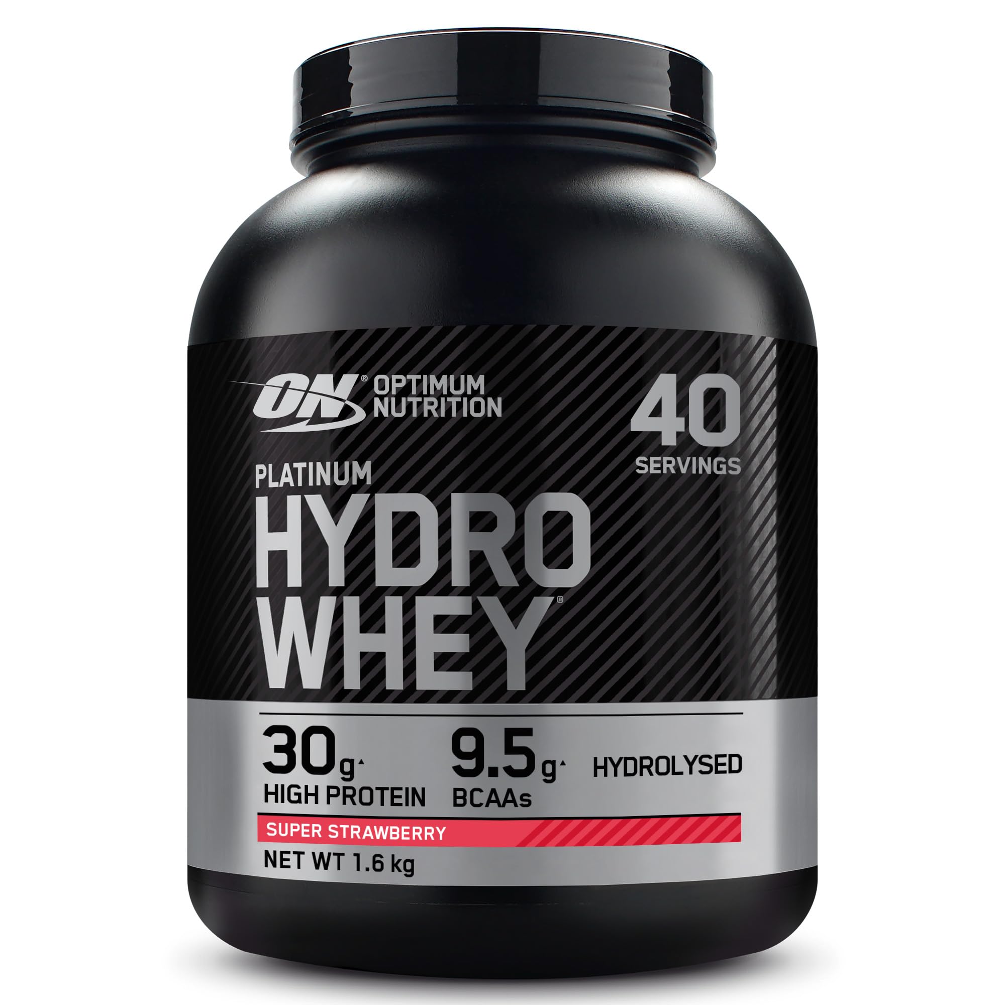 Optimum Nutrition Platinum Hydro Whey, odżywka z hydrolizowanego izolatu białka serwatkowego z aminokwasami egzogennymi, glutaminą i BCAA, smak super truskawka, 40 porcji, 1,6 kg