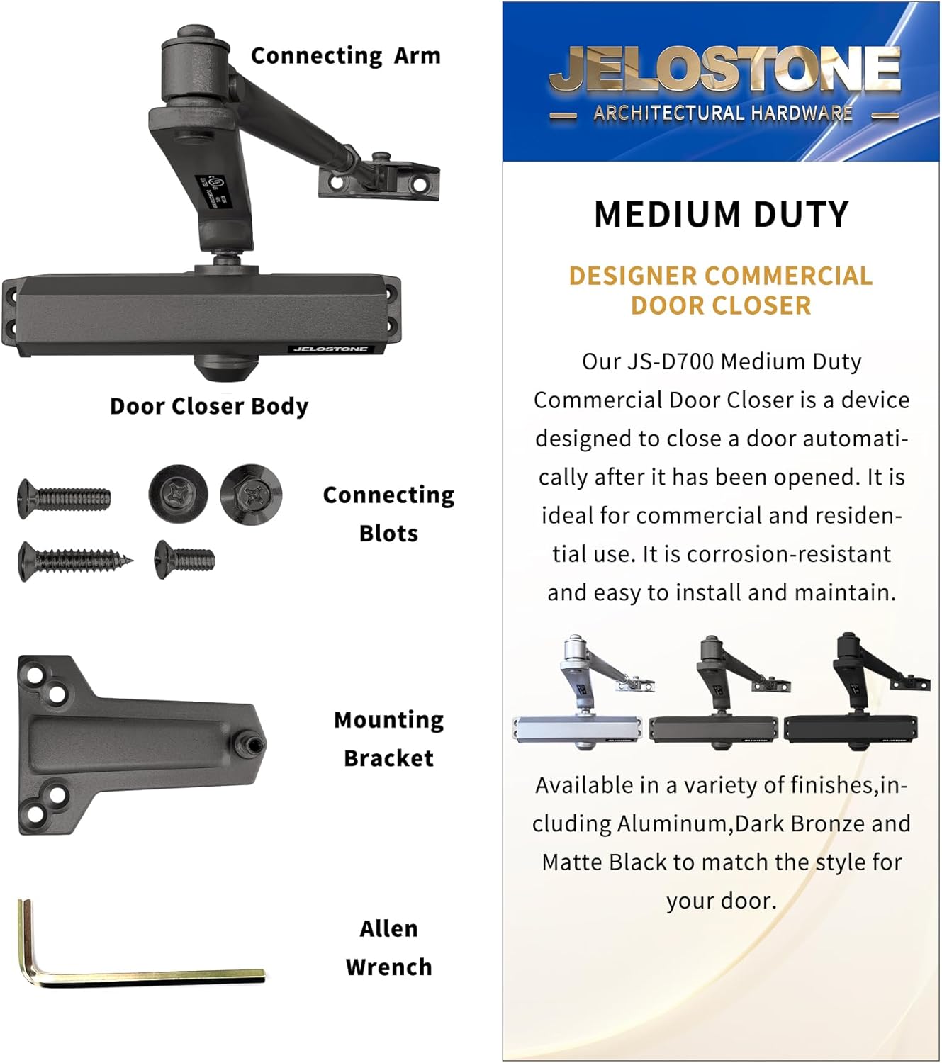 Medium Duty Commercial Door Closer D700, 3 Valves Closing/Latching/Backcheck, UL 3 Hour Fire Rated, Fixed Size #3 Spring Power, Door (55-150LB/33-36 in), Indoor/Outdoor (Dark Bronze)