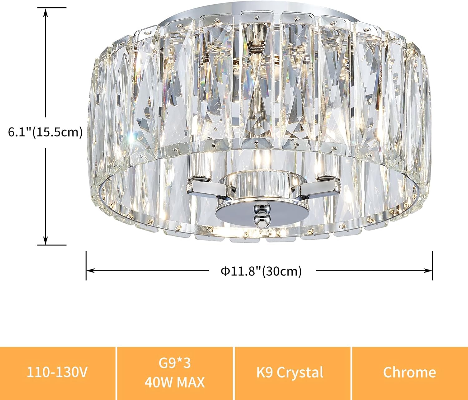 Crystal Ceiling Light, 3-Light Modern Flushmount Ceiling Light for Living Room, Dinning Room Hallway, D12xH9inch, Chrome Finish Frame & K9 Crystal
