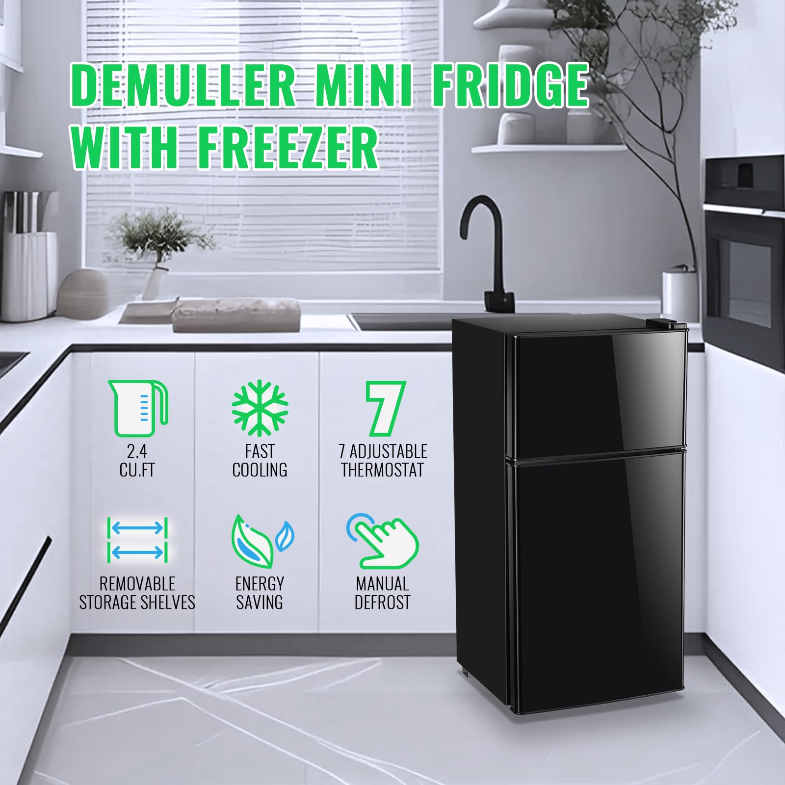 Demuller 2.4 Cu.Ft Mini Fridge With Freezer & Double Door Small Tiny Size Refrigerator With 7 Temperature Control Knob Only Suitable For One Person Use Black on Fridge.com - View 6