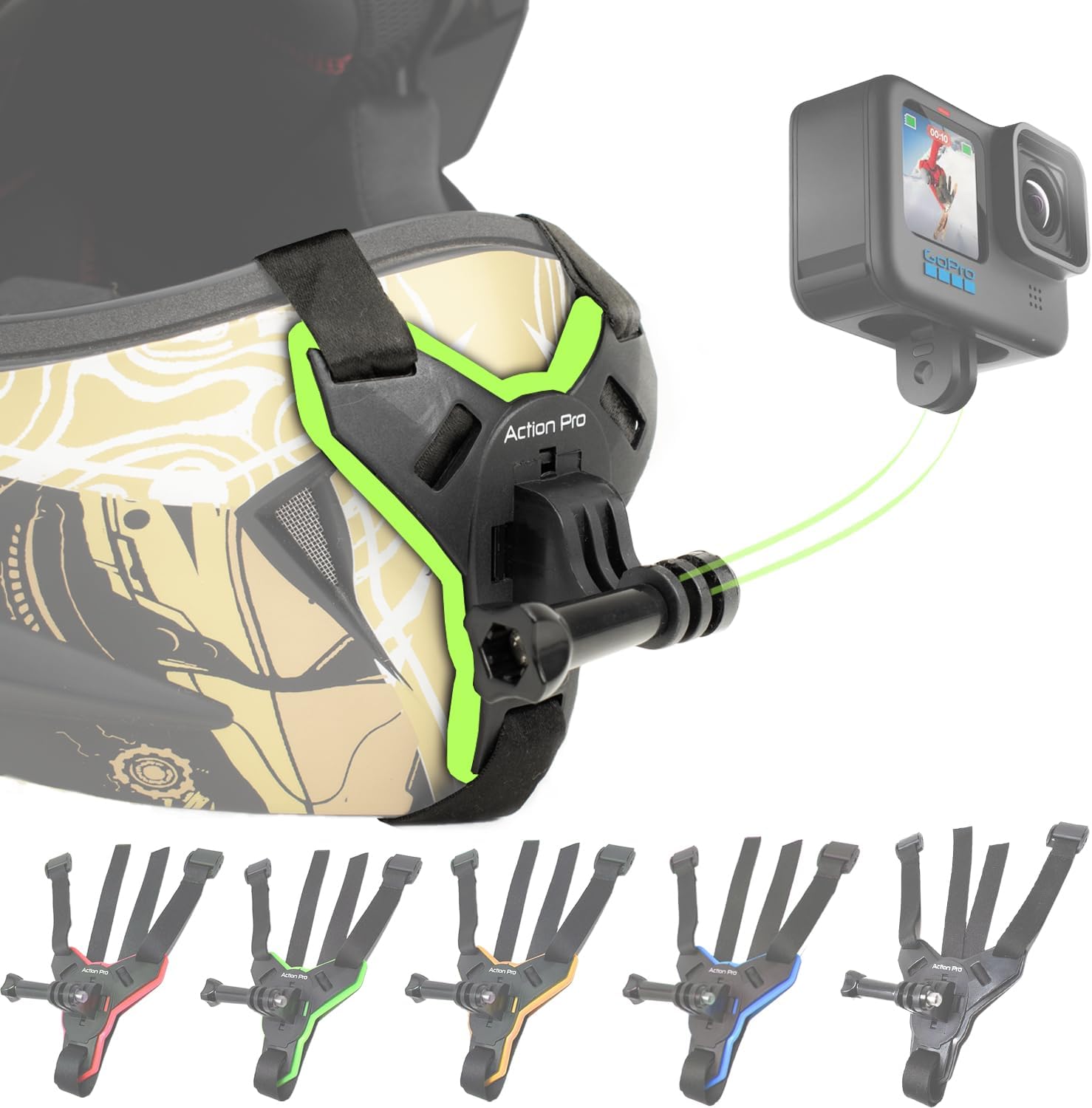 - Action Pro Helmet Chin Strap Mount Joint J Hook with Screw Compatible with All Smartphones and GoPro Hero 13/12/11/10/9/8/7/5/4 | SJCAM | DJI Osmo | Insta360 X4 X3 X2 & Other Action Cameras(Green 2.0)