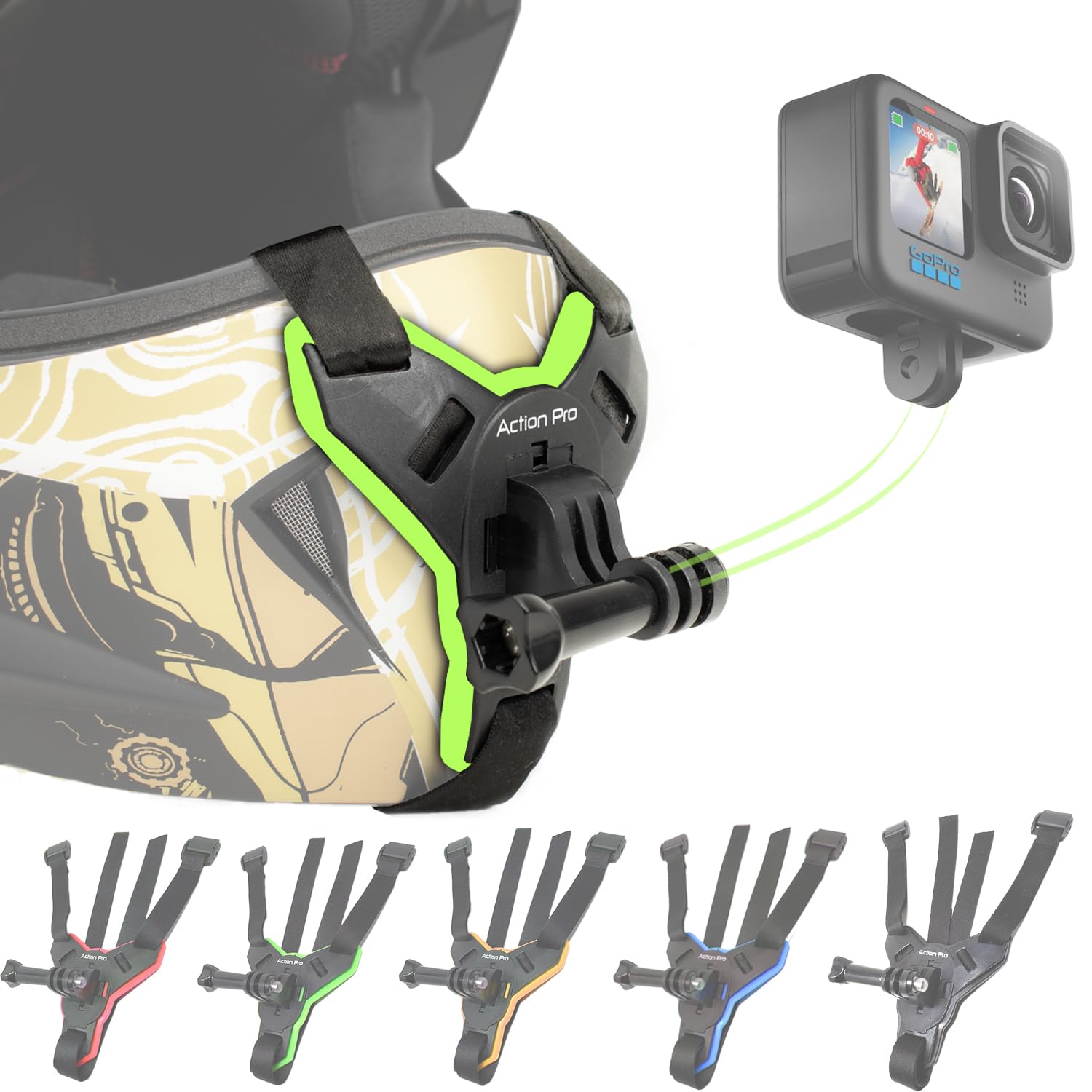 - Action Pro Helmet Chin Strap Mount Joint J Hook with Screw Compatible with All Smartphones and GoPro 13 12 11 10 9 8 7 5 4 | SJCAM | DJI Osmo | Insta 360 X4 X3 X2 & Other Action Cameras (Green 2.0)