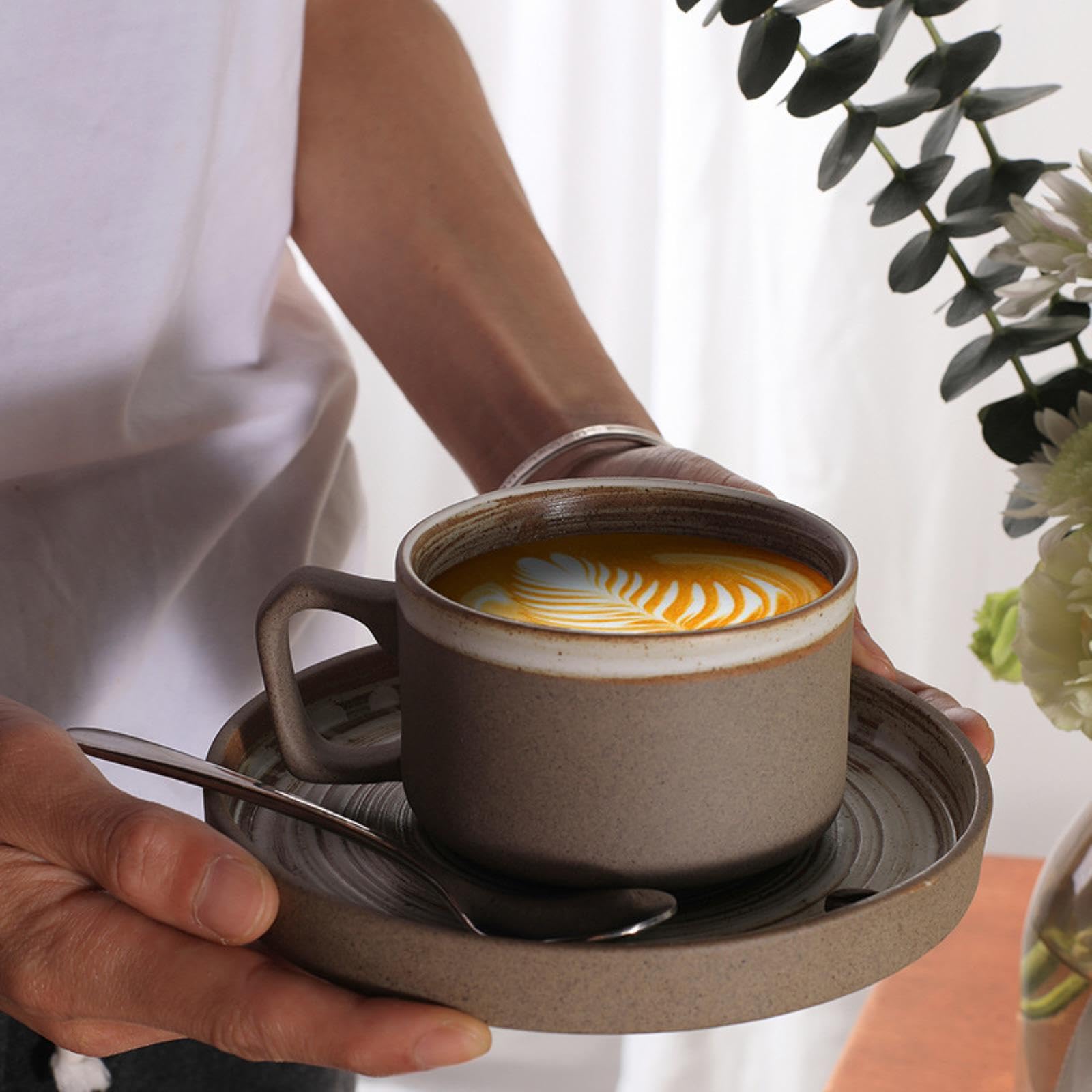 Tazzine da caffè in Ceramica, Tazza e piattino in fine Bone China, Set di Tazze e Piatti da caffè in Ceramica Grezza Europea, Ceramica Semplice