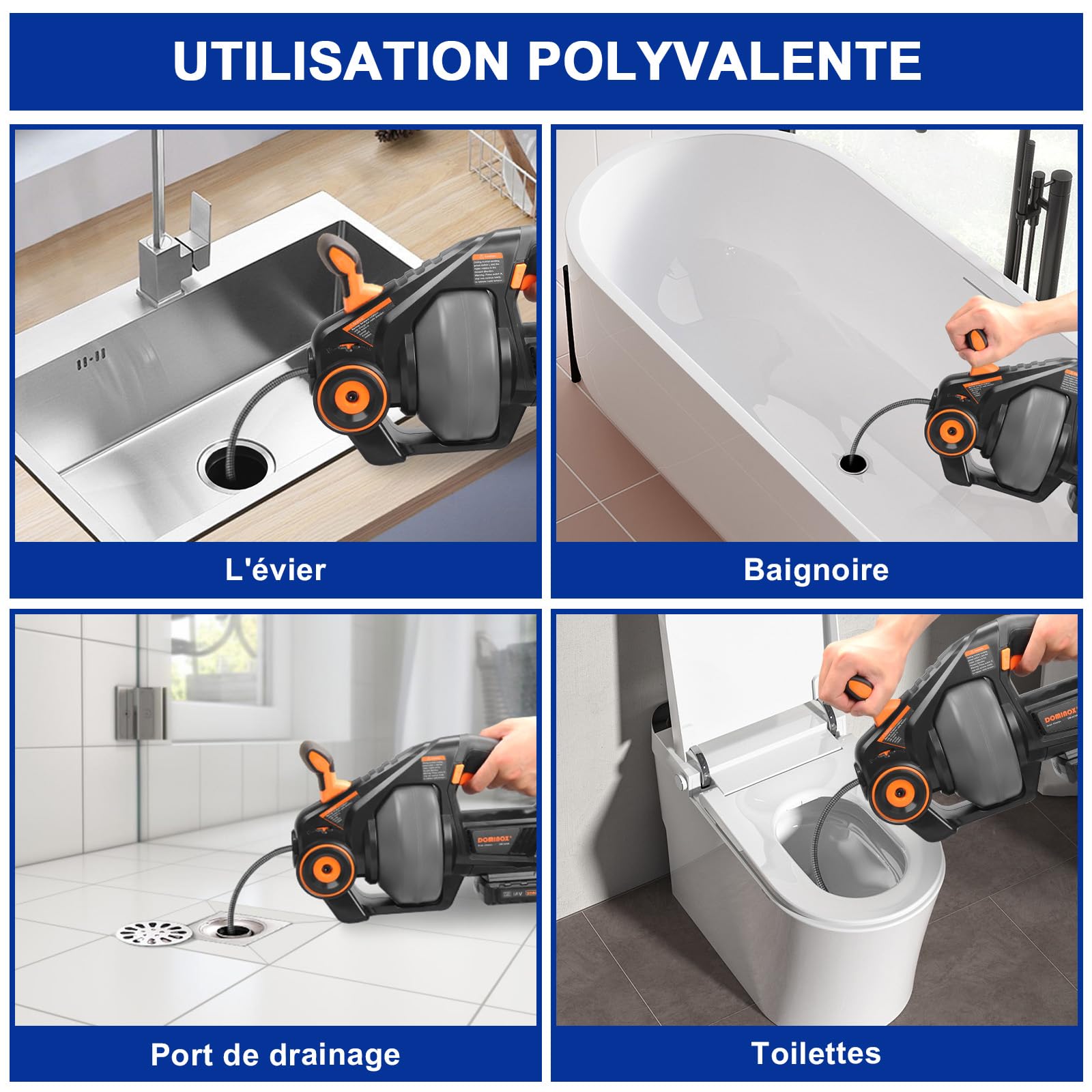 Furet Déboucheur de Canalisation avec Batterie de 2,0Ah et Serpents de Plomberie de 7,6m, Serpent de vidange Électrique pour Déboucher les Toilettes, Les Égouts, la Salle de Bain