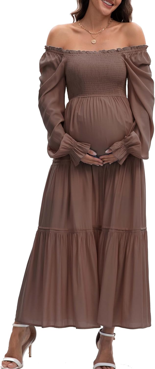 Women's Fall Long Sleeve Maternity Maxi Dress Flowy Tiered A Line Photoshoot Baby Shower Dress - Image 3