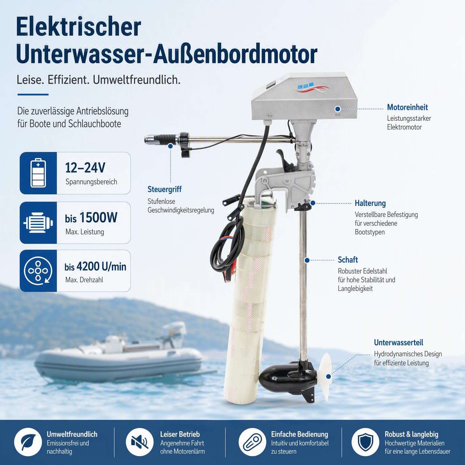 Motore elettrico fuoribordo 1500 W per gommoni, forza di trazione 1850 kg