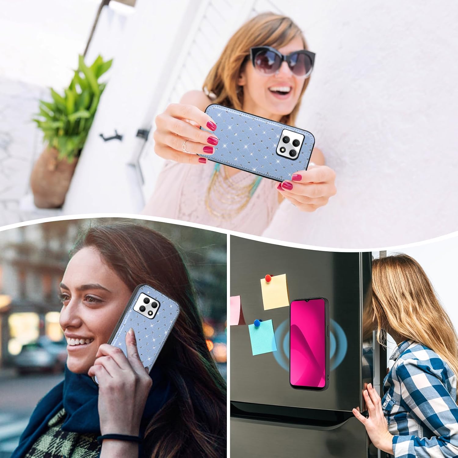 Compatible with T-Mobile Revvl 7 5G Wallet Case Zipper Cell Screen Protector Crossbody Strap Glitter Flip Card Holder Phone Cover for Tmobile Revvl7 T Mobile Revel Tmo Revell Rebel Women Light Blue