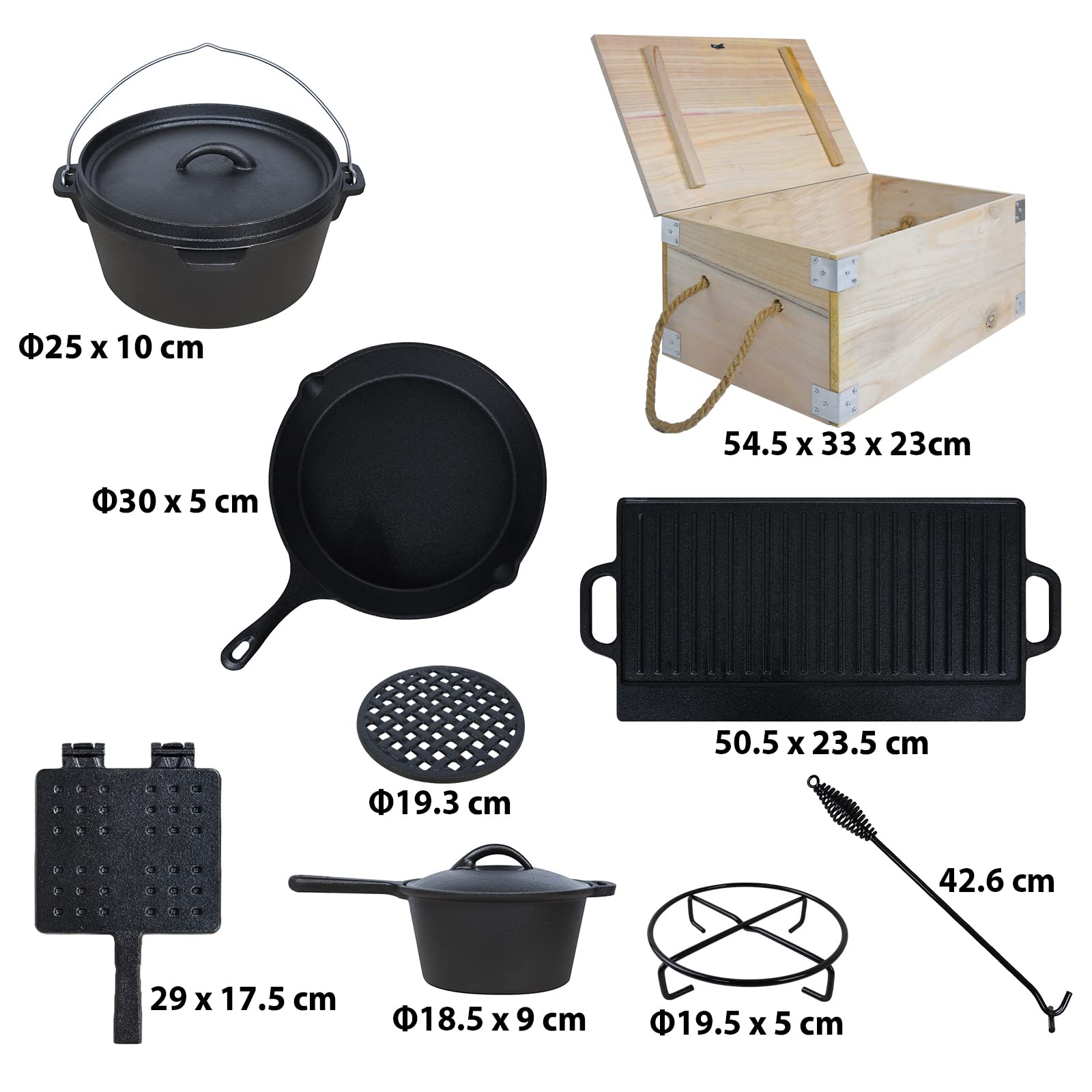 Froadp Set de Horno Holandés Dutch Oven Set Olla de Hierro Fundido Incluye Sartén Sartén para Hornear Cazuela Gancho de Mano etc Firepot Olla Parrilla para BBQ Interior Exterior Camping (10 Piezas)