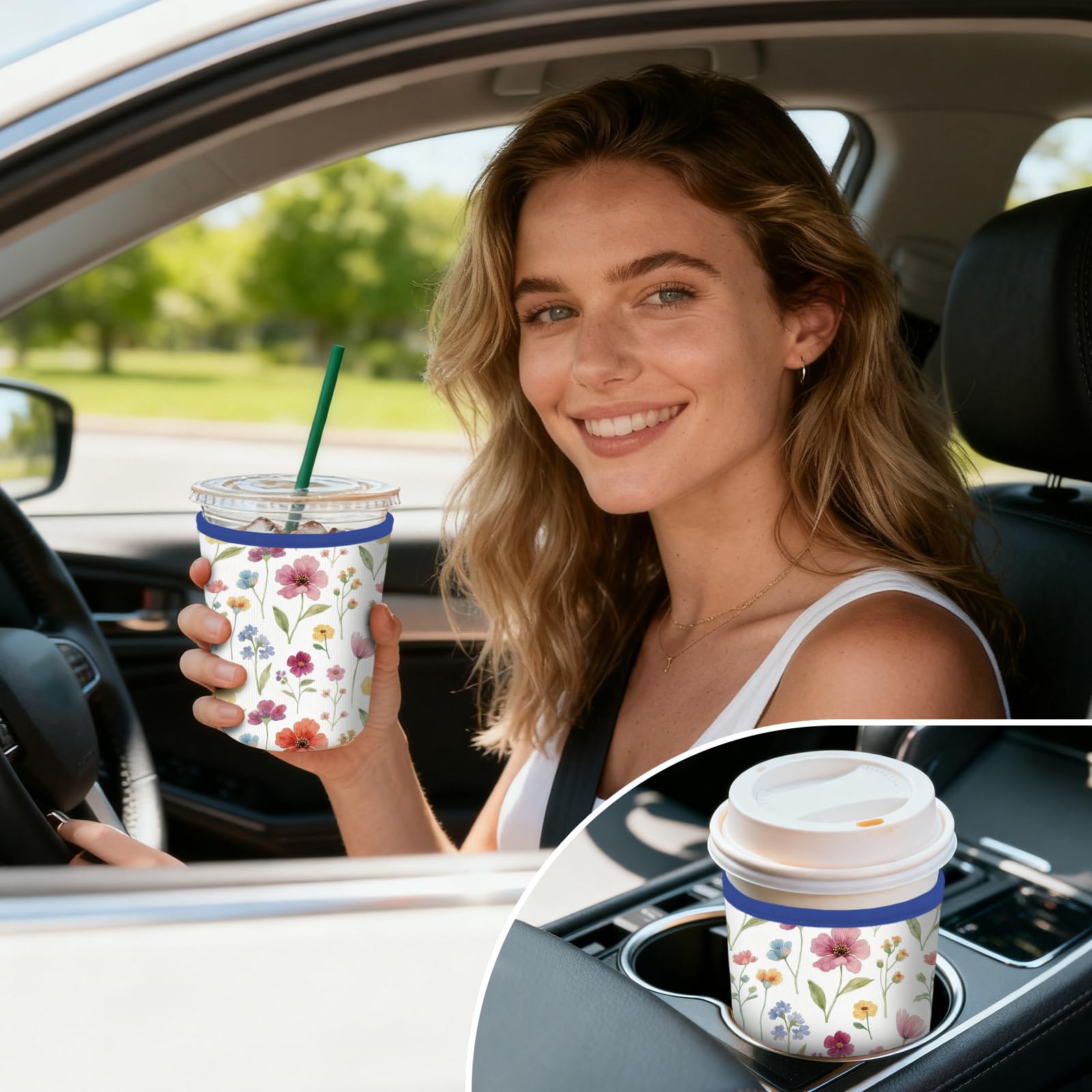 MAYJOYDIY Manchon Isotherme en Néoprène pour Tasse à Café Glacé Motif Floral Bohème Fleurs et Feuilles Colorées Compatible avec les Boissons Chaudes et Froides de 16-32oz