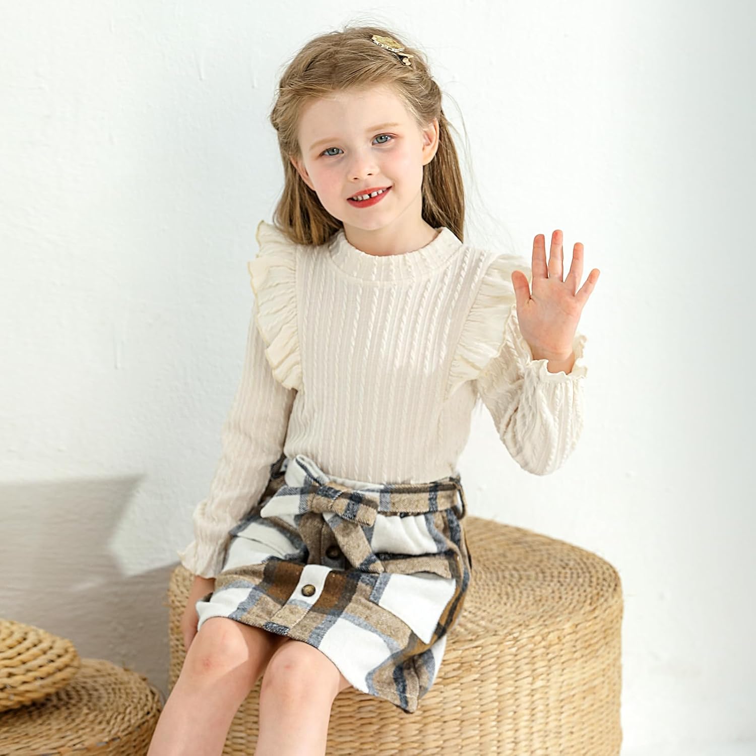 Weixinbuy Toddler Girl Fall Winter Clothes Solid Long Sleeve Ribbed T-Shirt Knit Tops Plaid Button Mini Skirts Set Outfits - Image 2