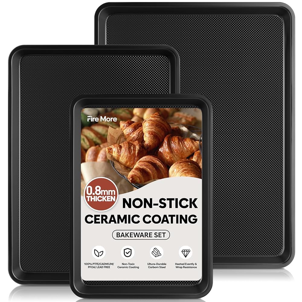Fire More 3 Pack Baking Trays for Oven, 0.8mm Thick Nonstick Cookie Sheets for Oven, Heavy Duty Baking Sheet Pan Sets with Diamond Texture, Half/Quarter/Jelly Roll Pans