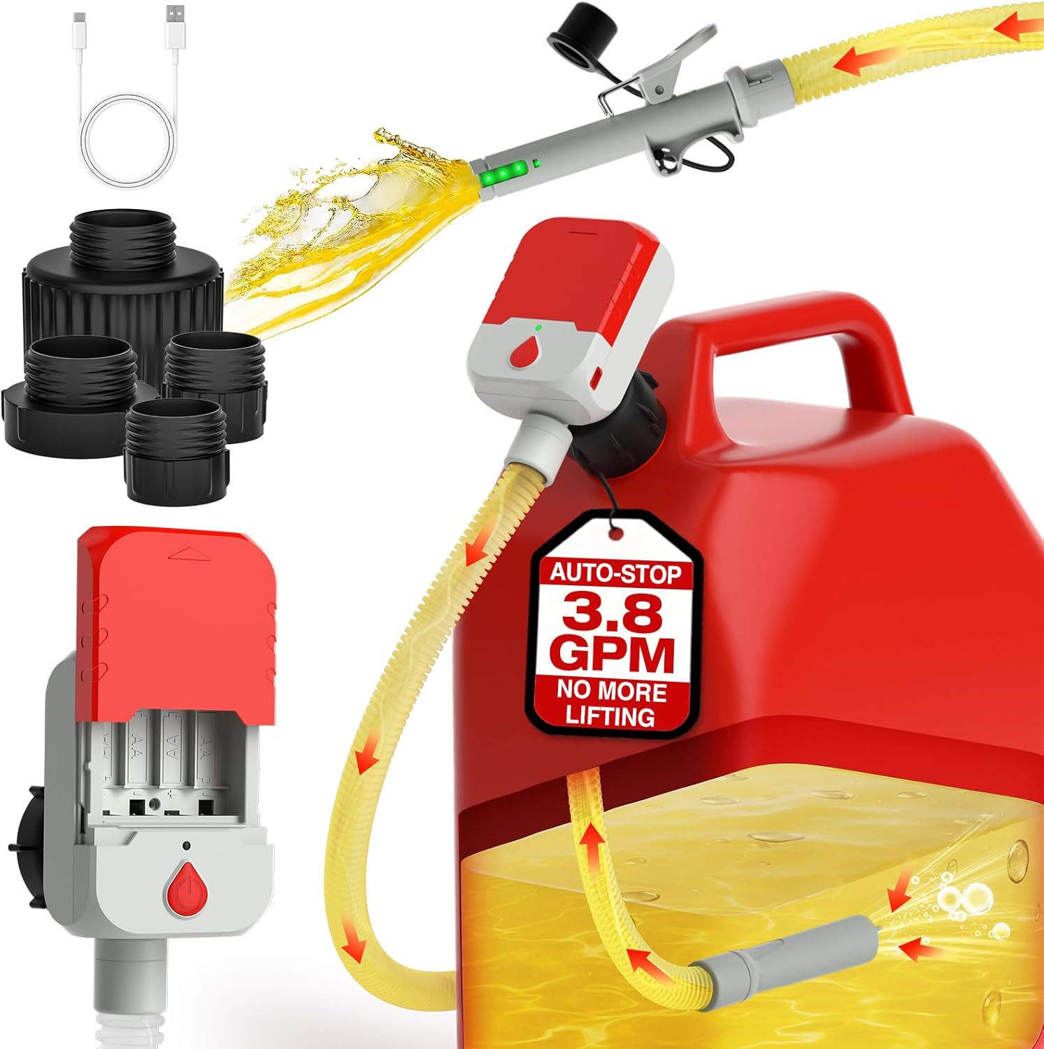 Portable Fuel Transfer Pump with Auto-Stop, 3.8 Gallon per Min, 51" Extra Long Hose, Battery & USB Powered, 4 Can Adapters, Leak-proof Gas Pump for Oil, Diesel and Gasoline