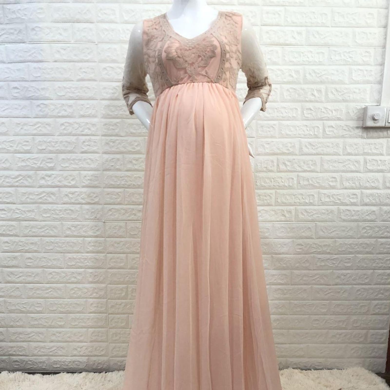 Elegante vestido de maternidad suelto con tren para ocasiones especiales Vestido de noche elástico de mezcla acrílica para mujeres embarazadas Vestido largo de manga media