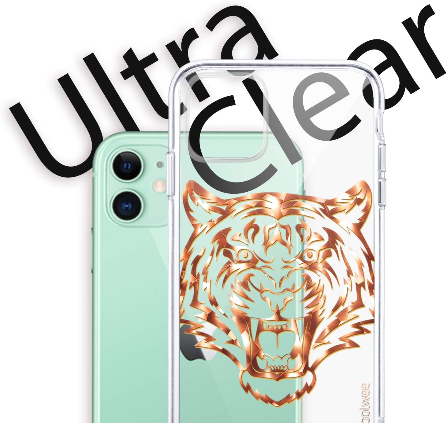 Coolwee Gold Foil iPhone 11 Case Slim Fit Rose Gold Tiger Women Girl Men Clear Design Thin Hard Back Case Soft TPU Bumper Cover for Apple iPhone 11 Translucent Animal