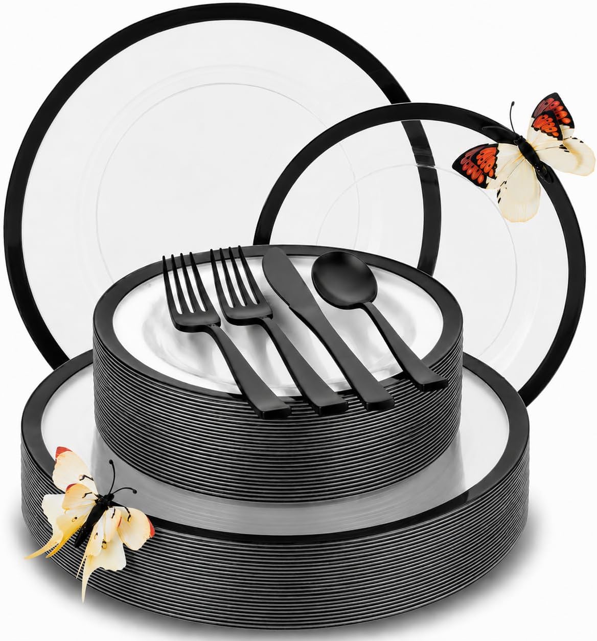 Heavyweight Clear and Black Plastic Plates for Party Cutlery | 150Pc Heavier Fancy Plastic Dinnerware Sets - Gift of 3D Butterflies for Table Decor 25 Guests