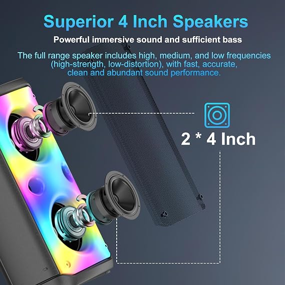 Bluetooth Speaker, 80W Peak Wireless TWS Portable Outdoor Party Speakers with Subwoofer, Deep Bass, LED Colorful Lights, Loud Stereo Sound Boombox with Microphone for Home, Camping, Travel