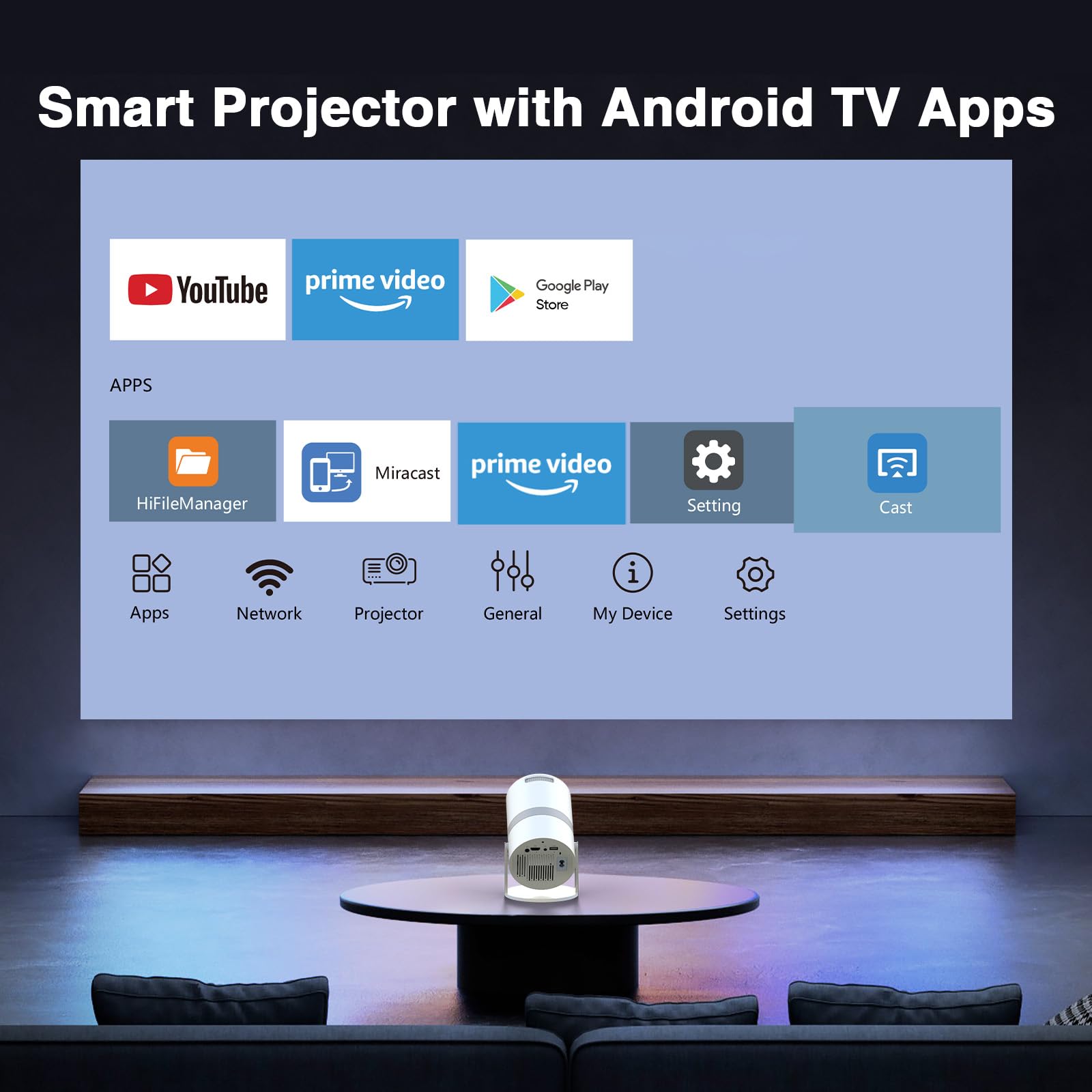 Proyector 4K con WiFi 5G y Bluetooth bidireccional, Native 1080P Proyector de película portátil para exteriores con visualización de proyector, mini proyector compatible con HDMI, USB, smartphone