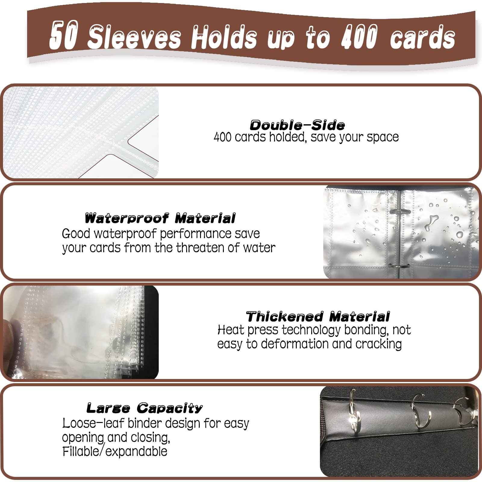 Carpeta de tarjetas de hockey, carpeta de tarjetas de intercambio de 4 bolsillos con 50 fundas extraíbles para 400 tarjetas deportivas, carpeta de 3 anillos con cremallera, álbum de almacenamiento de