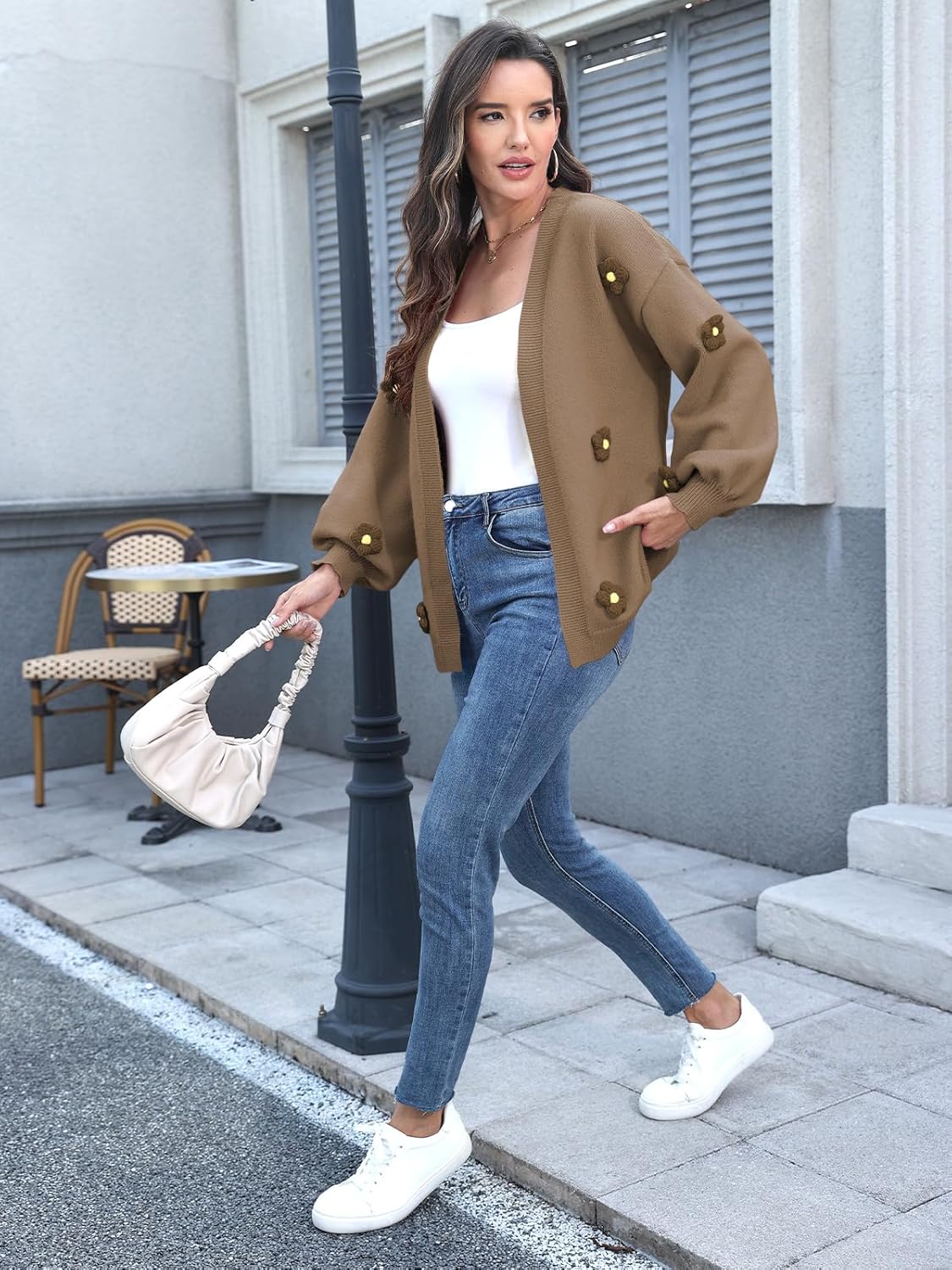 Women's Boho Crochet Cardigan Oversized Open Front Long Sleeve Floral Embroidery Knit Sweater - Image 9