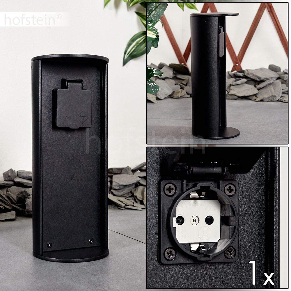 Steckdosensäule Stewart, zylindrische Säule aus Metall in schwarz, 1-fach Steckdose mit einer Höhe von 25,5 cm, Gartensteckdose mit Klappdeckel, IP44, 16A/250V Anschluss