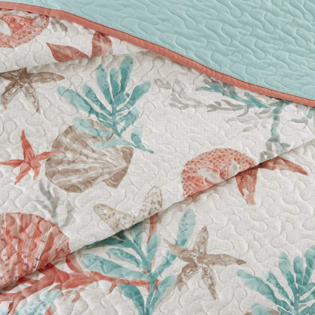 DH 6 Piece Vibrant Orange Pink Blue White Full Queen Quilt Set, Coral Tourquoise Teal Starfish Beach Themed Bedding Sea Shell Anchor Reversible Nautical Coastal Sand Dollar Ocean Sea Life, Cotton