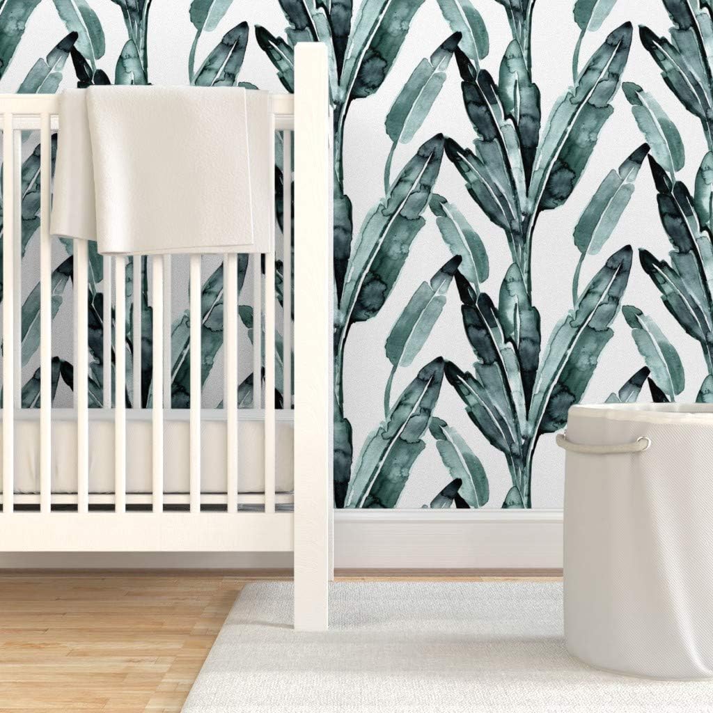 Peel & Stick Wallpaper 3ft x 2ft - Banana Leaves Blue Sage Leaf Tropical Birds Paradise Gray Modern Botanical Green White Print Custom Removable Wallpaper by Spoonflower